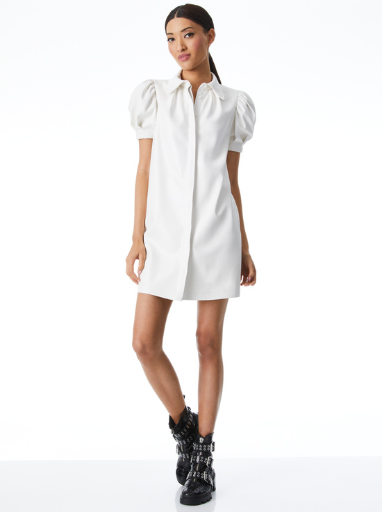 chinese dress ladies alice + olivia Women's Shirley Vegan Leather Pleated Mini Shirt Dress,  Royal, 10 at Amazon Women's Clothing store