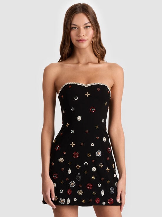 BLACK/MULTI-IVA EMBELLISHED MINI DRESS