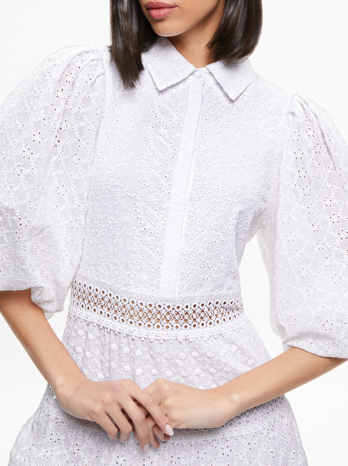 BLAKESLEY BLOUSON SLEEVE EYELET MINI DRESS - WHITE image 3 - ALICE + OLIVIA