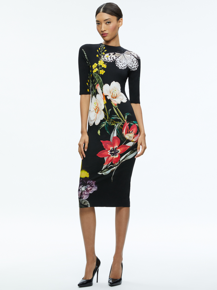 DELORA FLORAL CREWNECK MIDI DRESS - ESSENTIAL FLORAL - Alice And Olivia