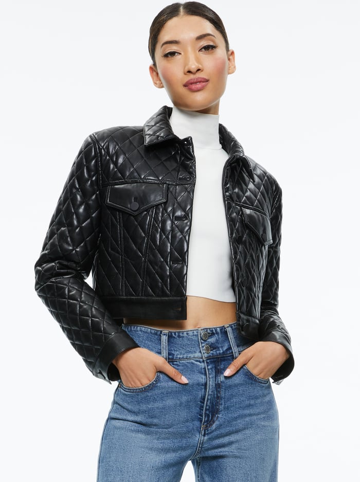CHLOE QUILTED VEGAN LEATHER CROPPED JACKET - BLACK - Alice And Olivia