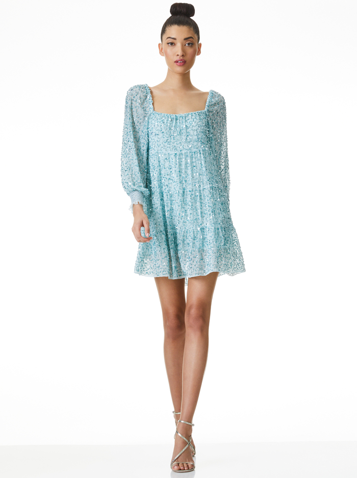 ROWEN SEQUIN EMBROIDERED MINI DRESS - POWDER BLUE image 4 - Alice And Olivia