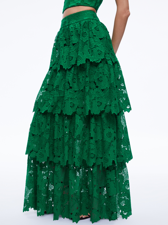 JIA EYELET TIERED RUFFLE MAXI SKIRT - EMERALD - Alice And Olivia