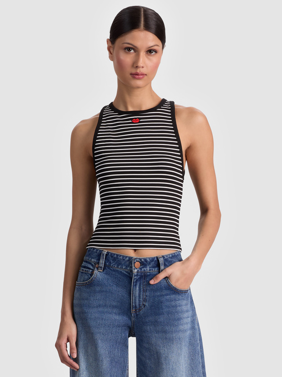 BLACK/OFF WHITE STRIPE-ALLEN EMBROIDERED TANK TOP