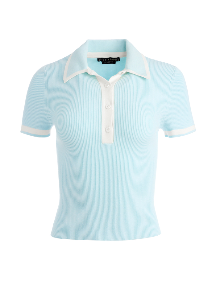 PIA RIBBED KNIT POLO SHORT SLEEVE SWEATER - JULEP/ECRU image 5 - Alice And Olivia
