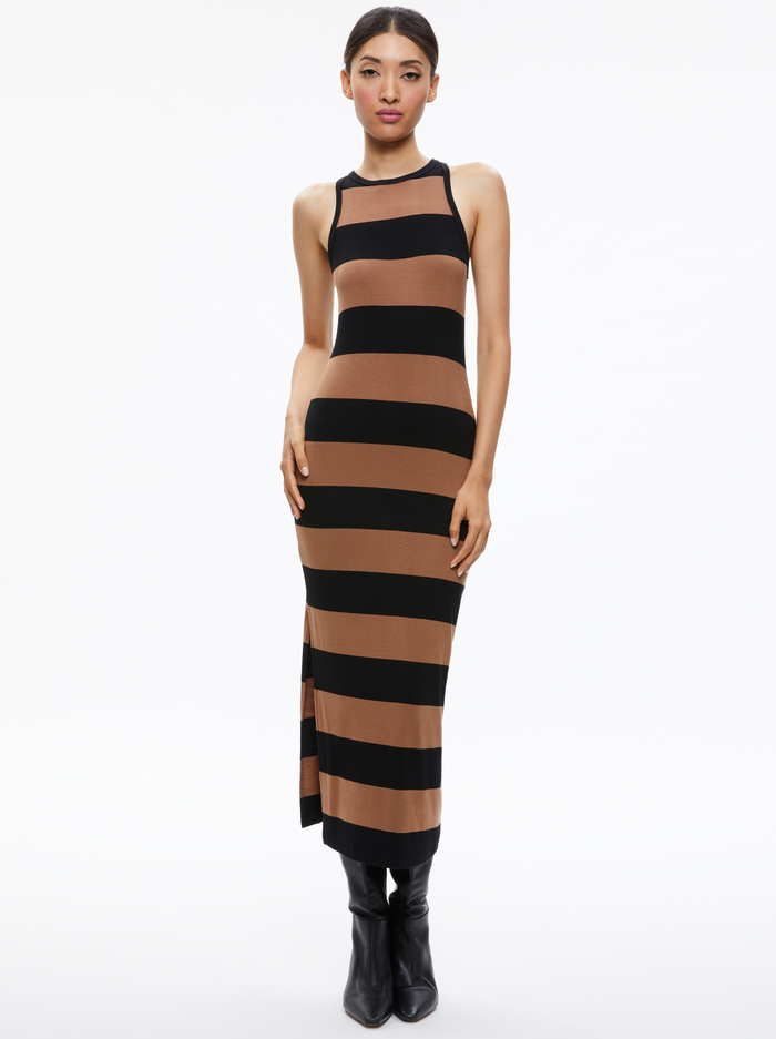 PANIA RACERBACK SIDE SLIT MAXI DRESS - CAMEL/BLACK STRIPE - Alice And Olivia