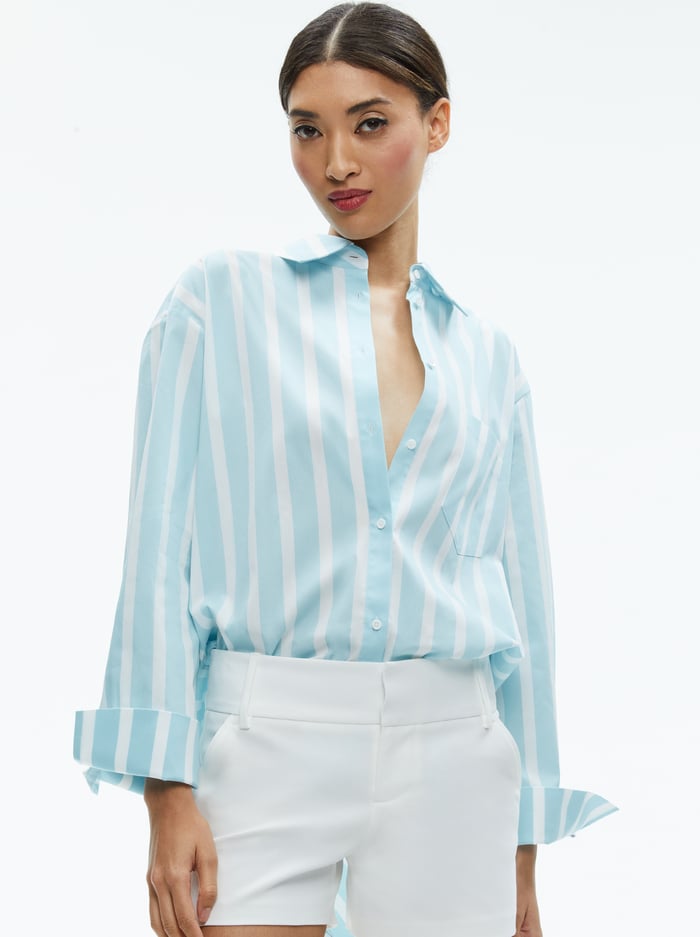FINELY OVERSIZED LONG BUTTON DOWN SHIRT - DREAM STRIPE SPRING SKY - Alice And Olivia