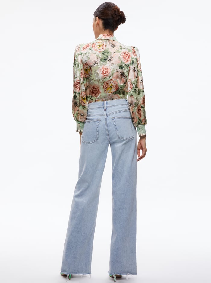 BRENTLEY TIE NECK BLOUSON SLEEVE BLOUSE - MORNINGSIDE FLORAL PISTACHIO image 1 - Alice And Olivia