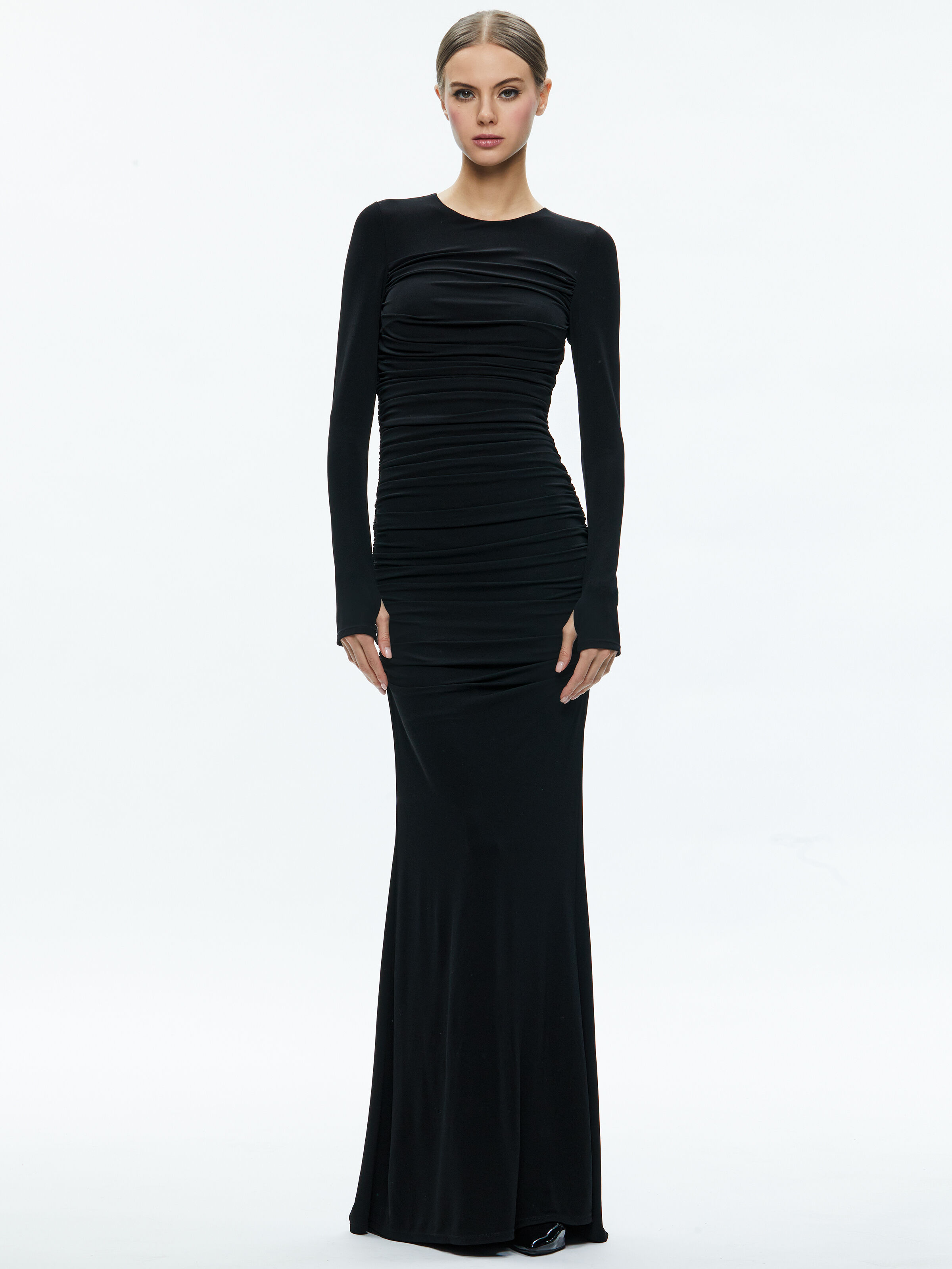 Long sleeve ruched maxi dress on sale