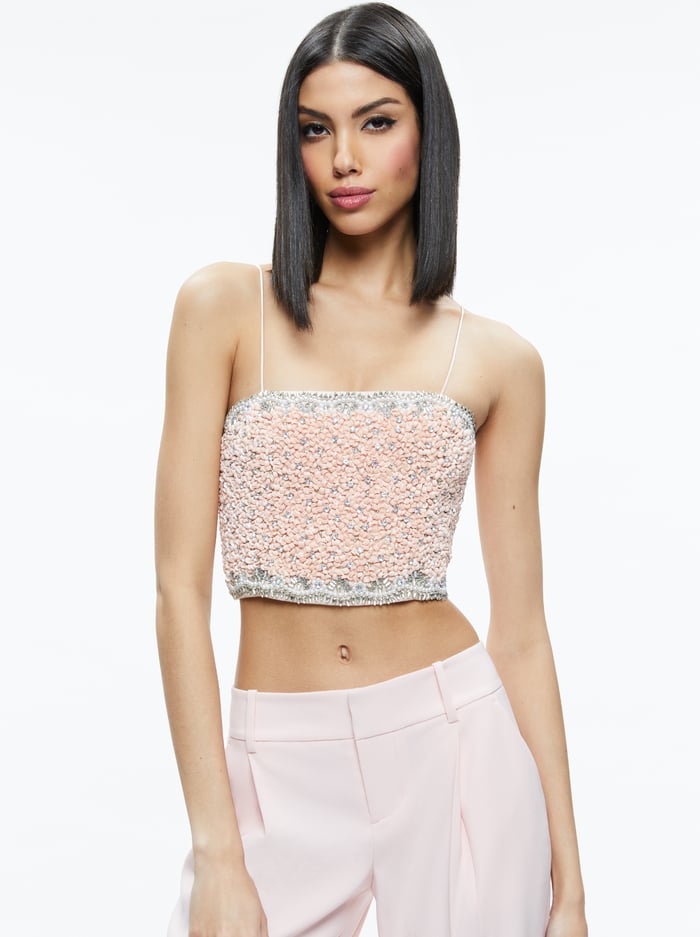 CERESI EMBELLISHED SPAGHETTI STRAP TOP - PINK LACE - Alice And Olivia