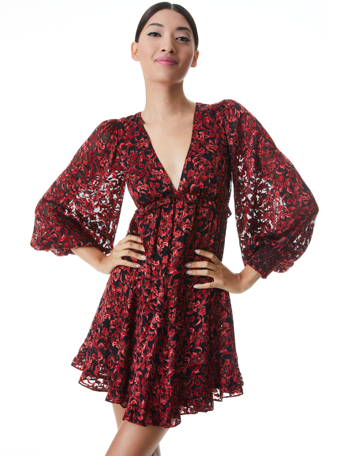BRIAR BLOUSON SLEEVE MINI DRESS - UPSTATE SCROLL DEEP RUBY image 2 - ALICE + OLIVIA