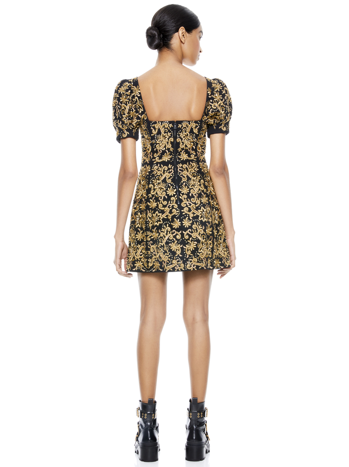 KRISTIAN EMBROIDERED MINI DRESS - BLACK/GOLD image 2 - ALICE + OLIVIA