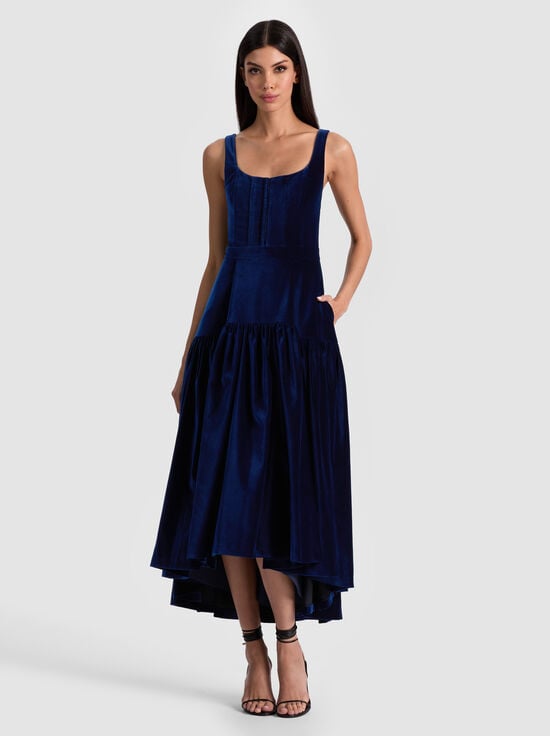 DARK MIDNIGHT BLUE-DIANA VELVET STRUCTURED MIDI DRESS