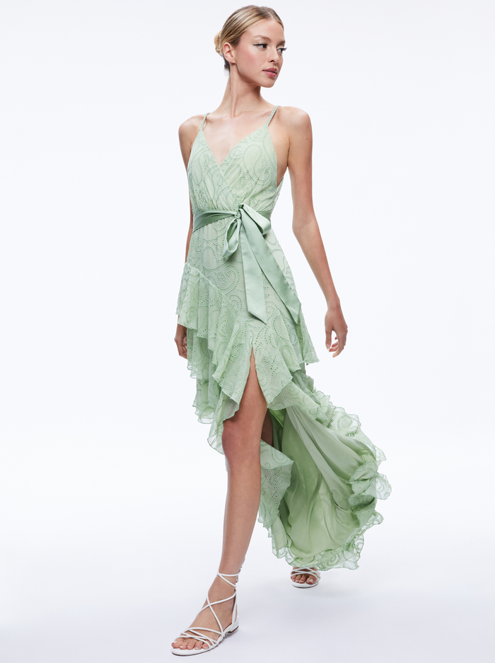 EMELIA V-NECK EYELET RUFFLE MAXI DRESS - GREEN TEA image 2 - Alice And Olivia