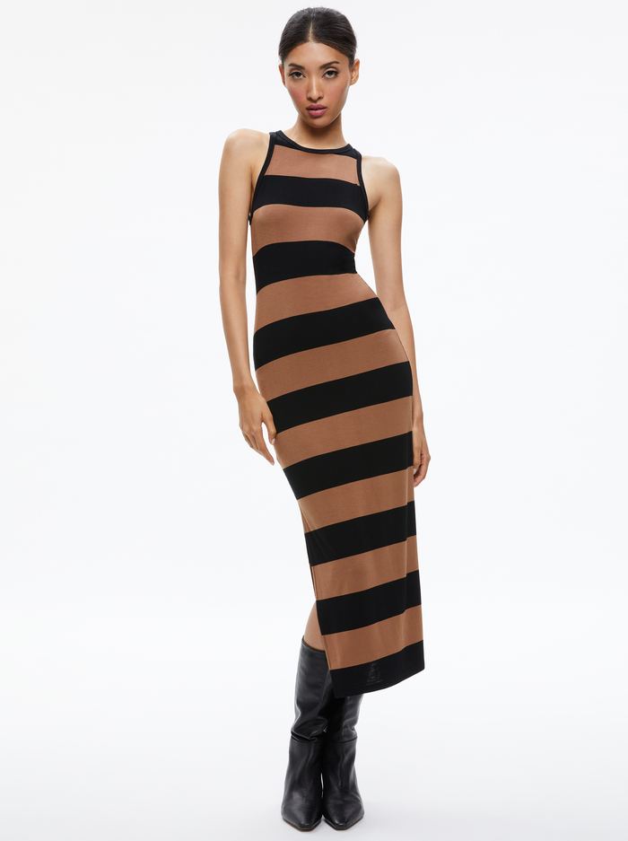 PANIA RACERBACK SIDE SLIT MAXI DRESS - CAMEL/BLACK STRIPE image 4 - Alice And Olivia