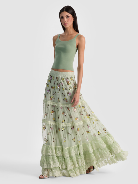 LIGHT SAGE MULTI-ALLEGRA EMBELLISHED MAXI SKIRT