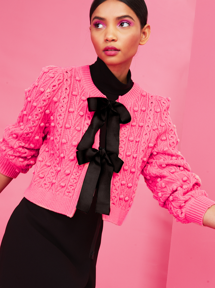 KITTY PUFF SLEEVE CARDIGAN - CALYPSO PINK/BLACK image 6 - Alice And Olivia