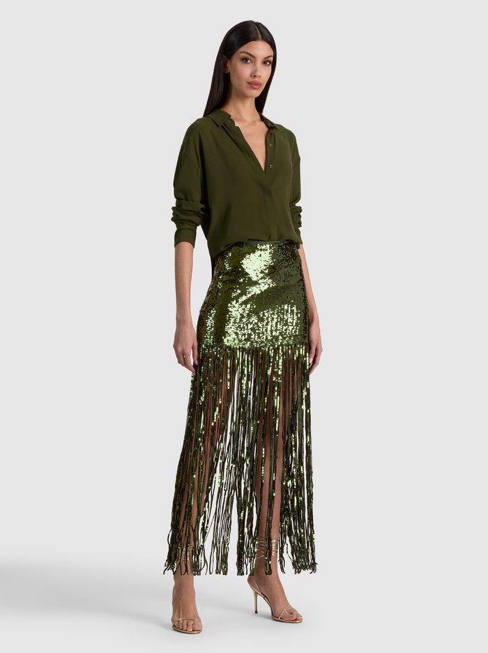 KENDRA SEQUIN FRINGE MAXI SKIRT - DARK FERN image 1 - ALICE + OLIVIA