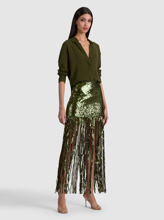 DARK FERN-KENDRA SEQUIN FRINGE MAXI SKIRT