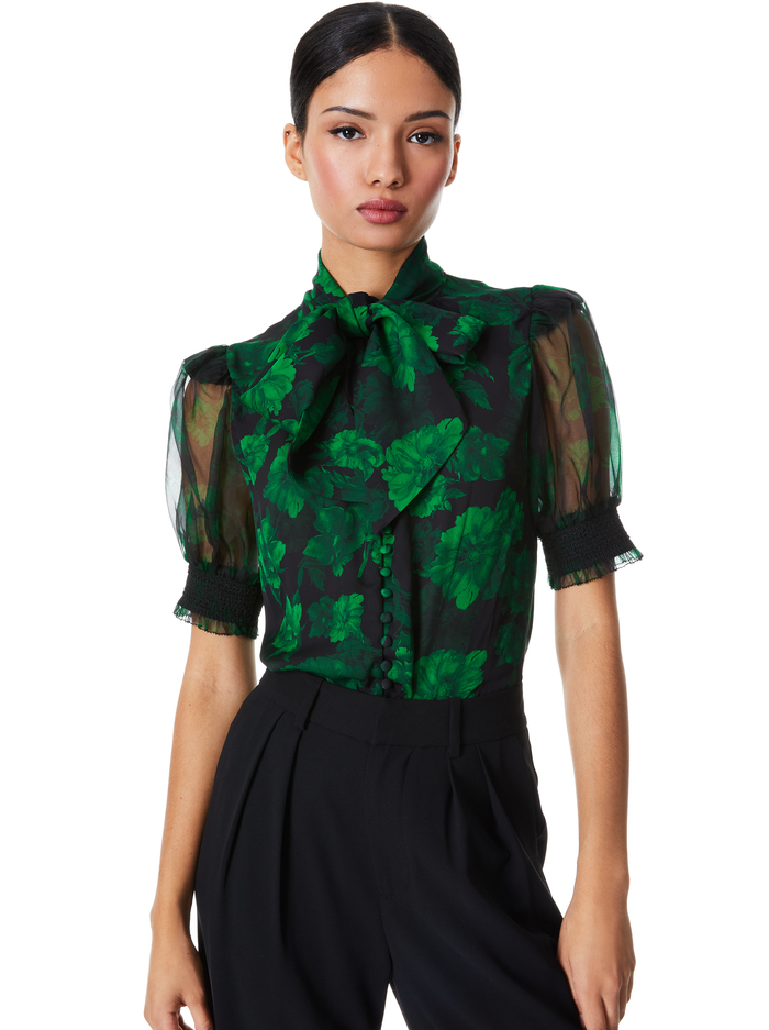 BRENTLEY TIE NECK PUFF SLEEVE BLOUSE - DREAM FLORAL EMERALD - Alice And Olivia