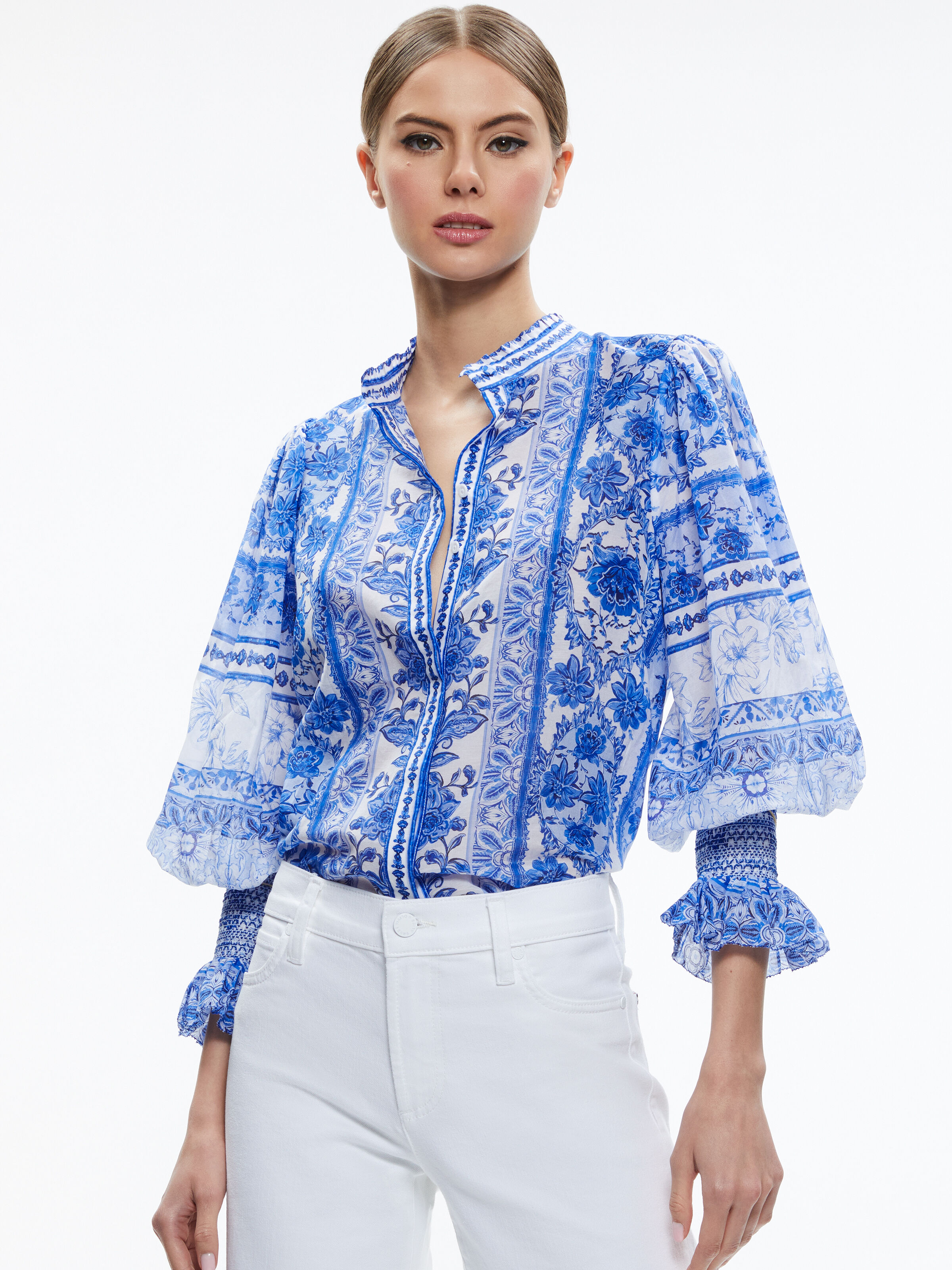 ILAN SMOCKED SLEEVE BUTTON FRONT BLOUSE in GREEK TILE | ALICE + OLIVIA