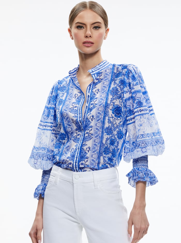 ILAN SMOCKED SLEEVE BUTTON FRONT BLOUSE - GREEK TILE - Alice And Olivia