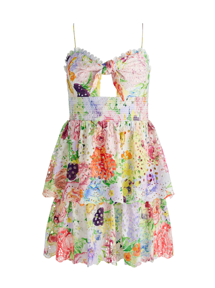 FINA TIE FRONT SMOCKED WAIST RUFFLE MINI DRESS - DAWN FLORAL image 5 - Alice And Olivia