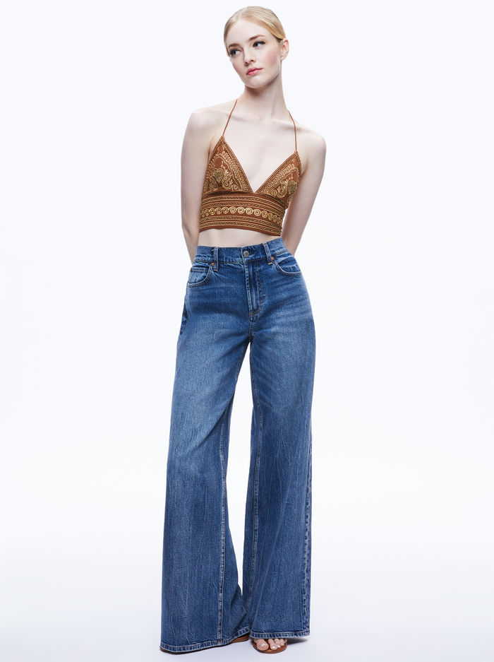 CARLI EMBROIDERED TIE NECK BRA TOP - CAMEL/GOLD image 2 - Alice And Olivia