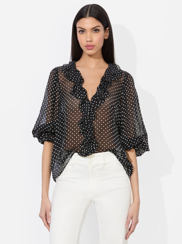 Polka Dot Pattern Dramatic Puff Sleeves Sheer Crop Blouse Polka Dot Pattern Dramatic Puff Sleeves Sheer Crop Blouse