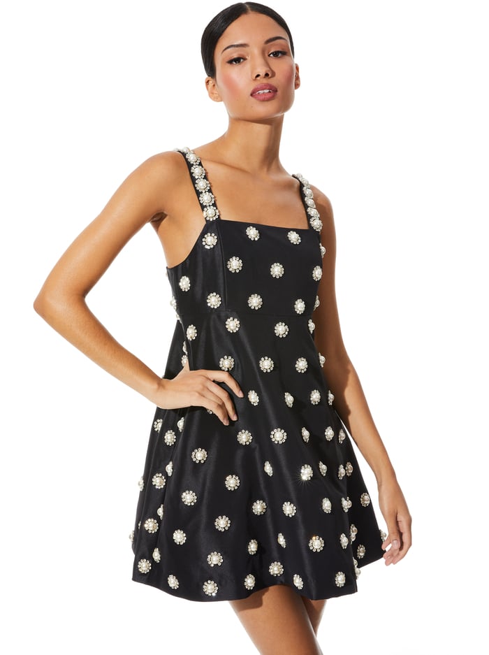 ATHENE PEARL EMBELLISHED BABYDOLL MINI DRESS - BLACK/PEARL image 2 - Alice And Olivia