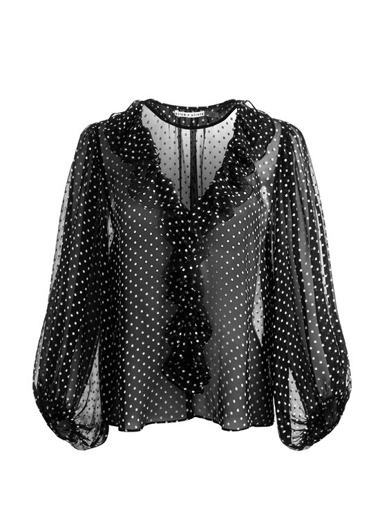 BLACK/OFF WHITE POLKA DOT-BETSIE RUFFLED BLOUSE