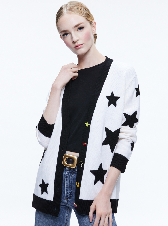 BRADFORD NOVELTY BUTTONS CARDIGAN - SOFT WHITE/BLACK - Alice And Olivia