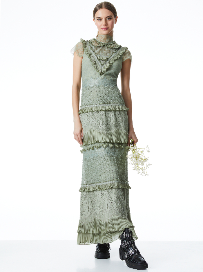 ALBERTINE LACE EMBROIDERED MAXI DRESS - SAGE image 4 - ALICE + OLIVIA