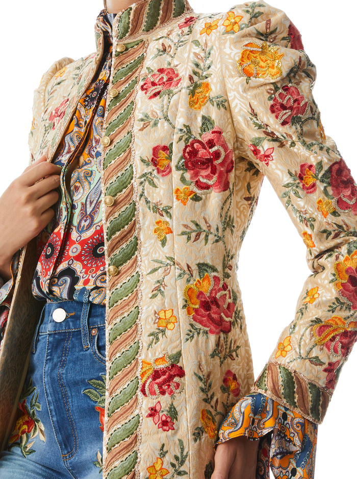 THOMAS PUFF SLEEVE EMBROIDERED MAXI COAT - LIGHT GOLD/MULTI image 3 - Alice And Olivia