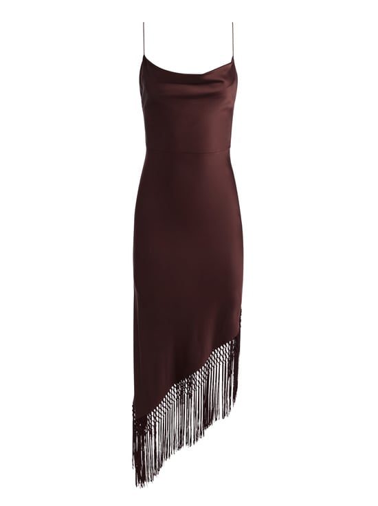 DARK CHOCOLATE-HARMONY ASYMMETRICAL FRINGE MAXI DRESS