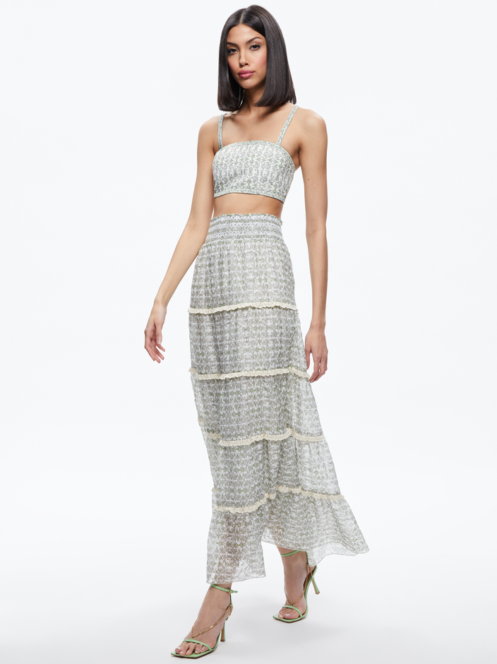 GEO PRINT SASHA BANDEAU BRA TOP + AISHA TIERED MAXI SKIRT - 