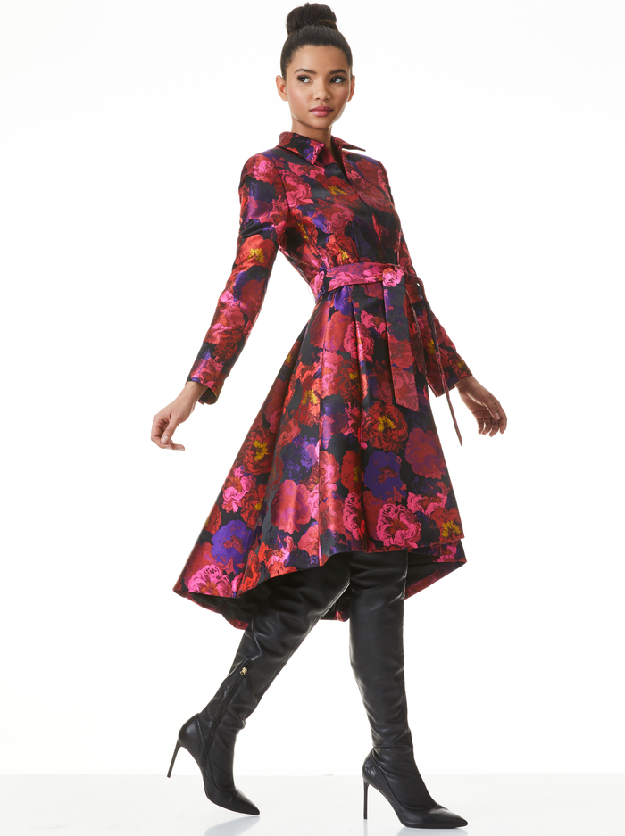 BAIN FLORAL HIGH LOW COAT - BLACK/MULTI image 2 - Alice And Olivia