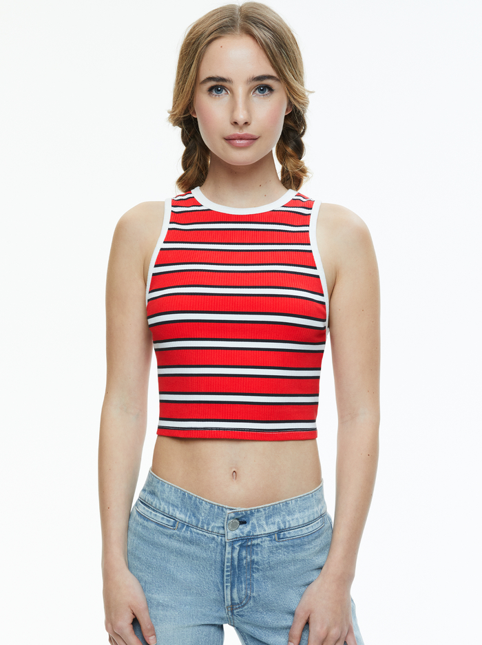 ANDRE FITTED CROPPED TANK - TEAKWOOD STRIPE BRIGHT RUBY - Alice And Olivia