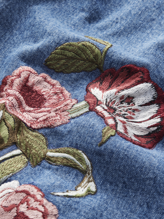 BROOKLYN BLUE/MULTI-CADE EMBROIDERED DENIM MINI DRESS