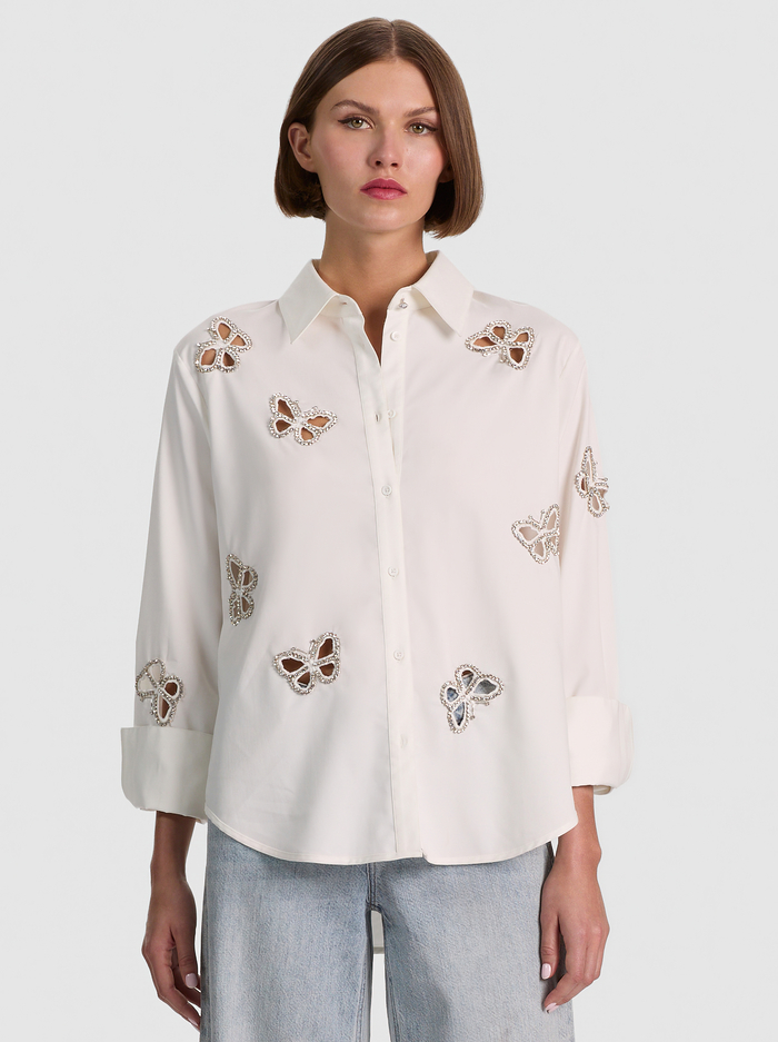 FINELY EMBELLISHED CUTOUT BUTTON DOWN - OFF WHITE/SILVER CRYSTAL - ALICE + OLIVIA