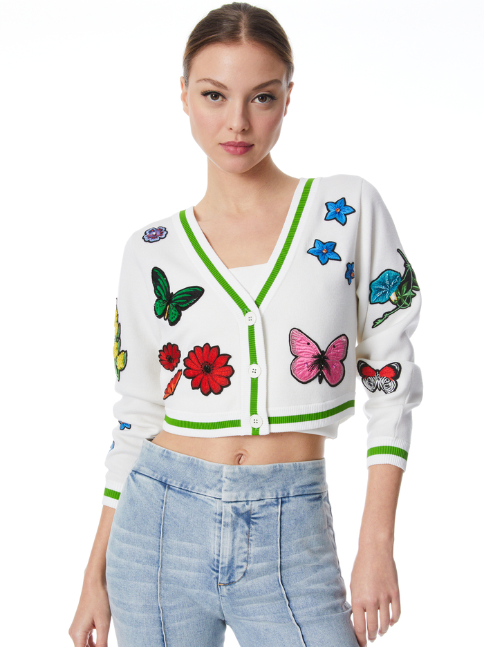 ARLEN CROPPED V-NECK CARDIGAN - SOFT WHITE/MULTI - Alice And Olivia