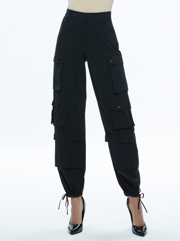 OLYMPIA HIGH RISE ANKLE TIE CARGO PANTS - BLACK - Alice And Olivia