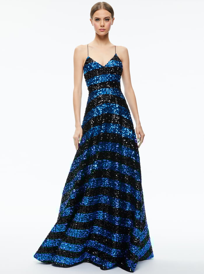 DOMENICA SEQUIN GOWN DRESS - SAPPHIRE/BLACK STRIPE image 4 - Alice And Olivia