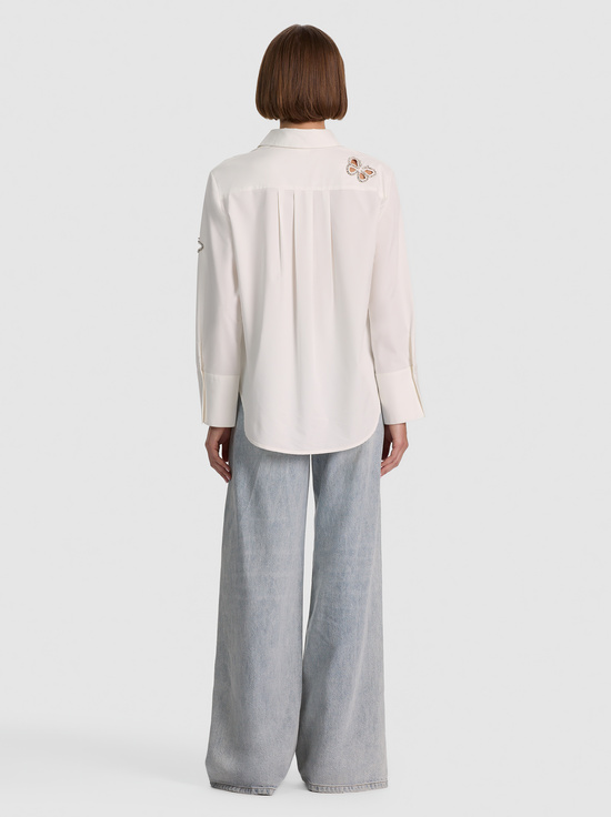 OFF WHITE/SILVER CRYSTAL-FINELY EMBELLISHED CUTOUT BUTTON DOWN