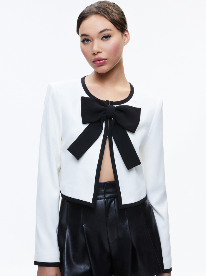 KIDMAN BOW FRONT CROPPED JACKET - OFF WHITE/BLACK - Alice And Olivia