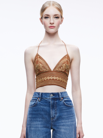 CAMEL/GOLD-CARLI EMBROIDERED TIE NECK BRA TOP