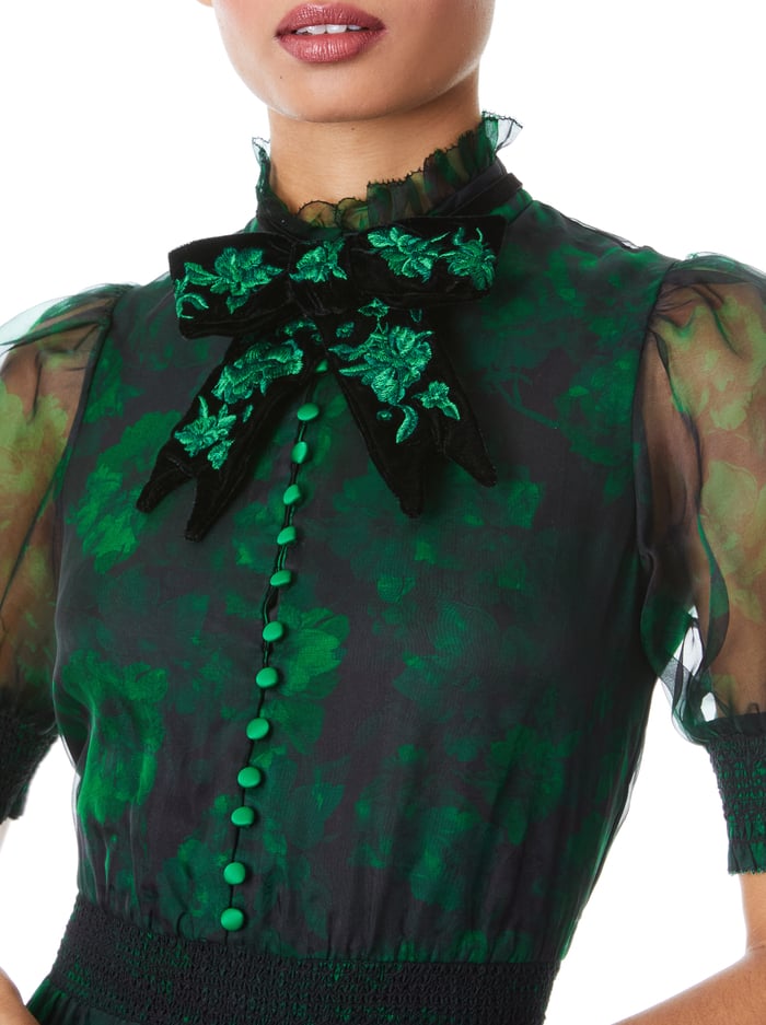COLETTA VELVET BOW NECK BUTTON FRONT MAXI DRESS - DREAM FLORAL EMERALD image 3 - Alice And Olivia