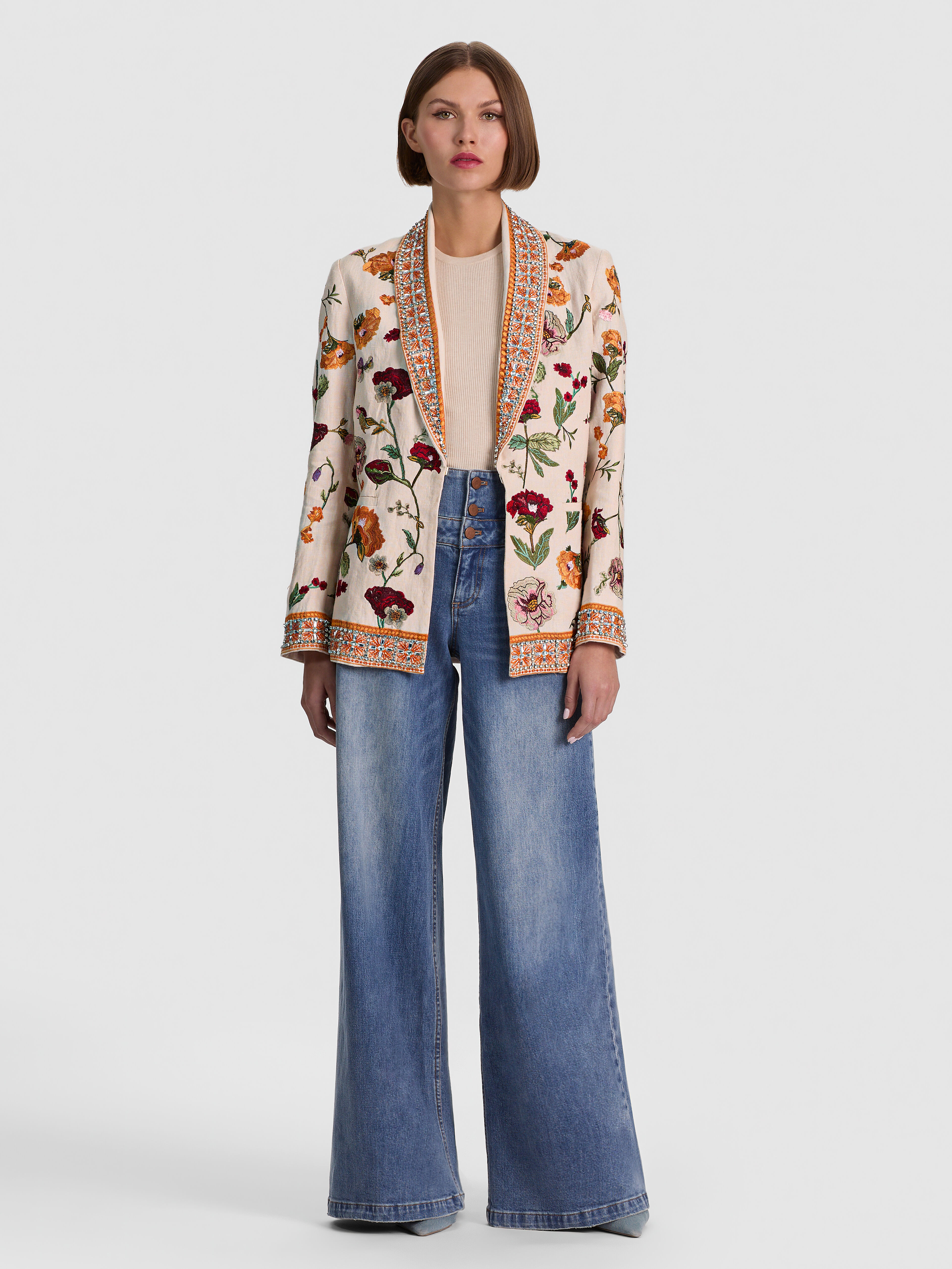 VELIA EMBELLISHED MINI GOWN in BISCOTTI/MULTI | ALICE + OLIVIA