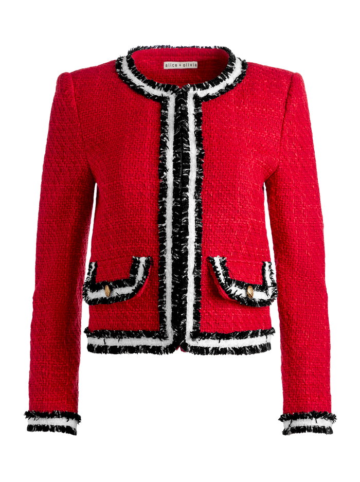 Landon Tweed Cropped Jacket In Perfect Ruby/black/white | Alice + Olivia