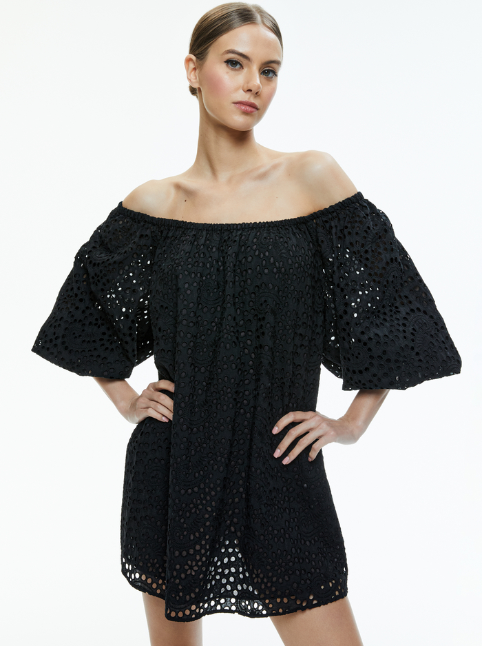 ARTEMIS OFF THE SHOULDER BLOUSON SLEEVE MINI DRESS - BLACK image 3 - Alice And Olivia